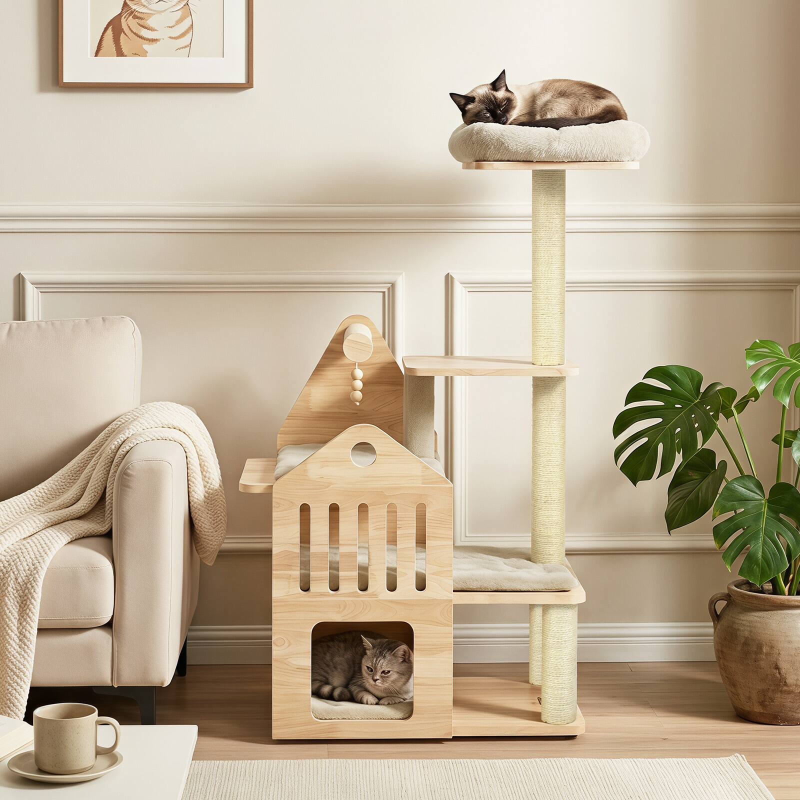 Alt View 4. Gymax - Gymax 48.5''Multi-Level Solid Wood Cat Tree Padded Top Perch Cat Condo Wooden Balls Natural & Beige - Beige.