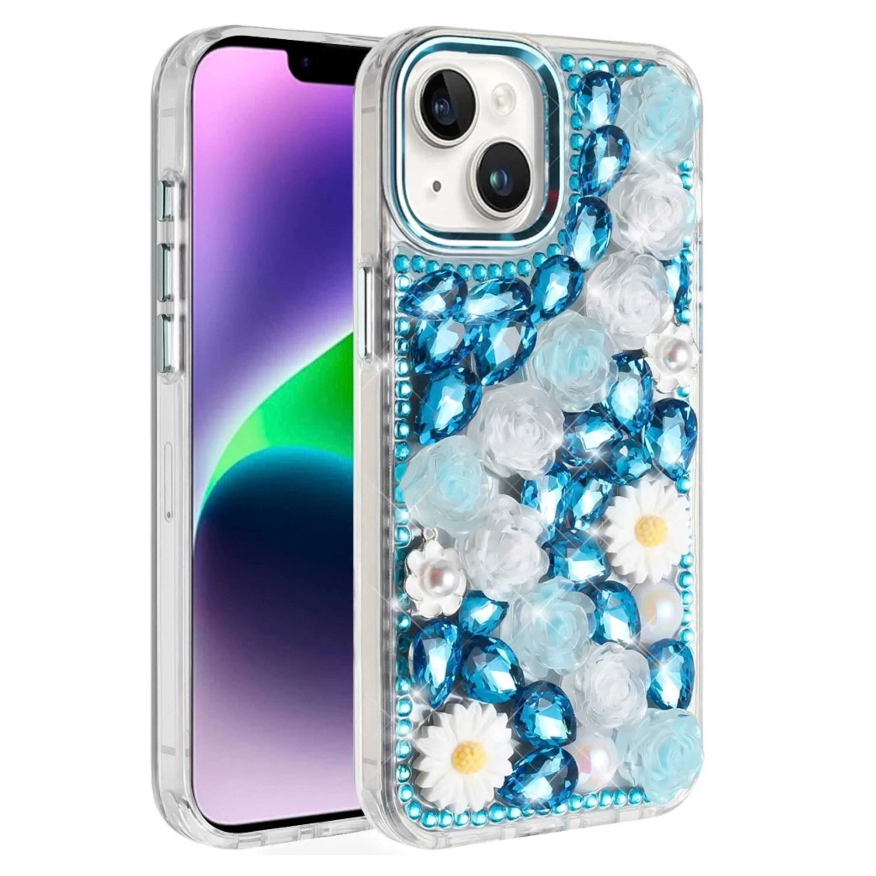 Front. Kitcheniva - Full 3D Bling Rhinestone Jewel Shockproof Phone Case With Tempered Glass For iPhone 13 14 Blue - Blue.