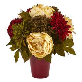 BreeBe - 14" Peony Hydrangea and Dahlia Arrangement in Burgundy Vase - Multi