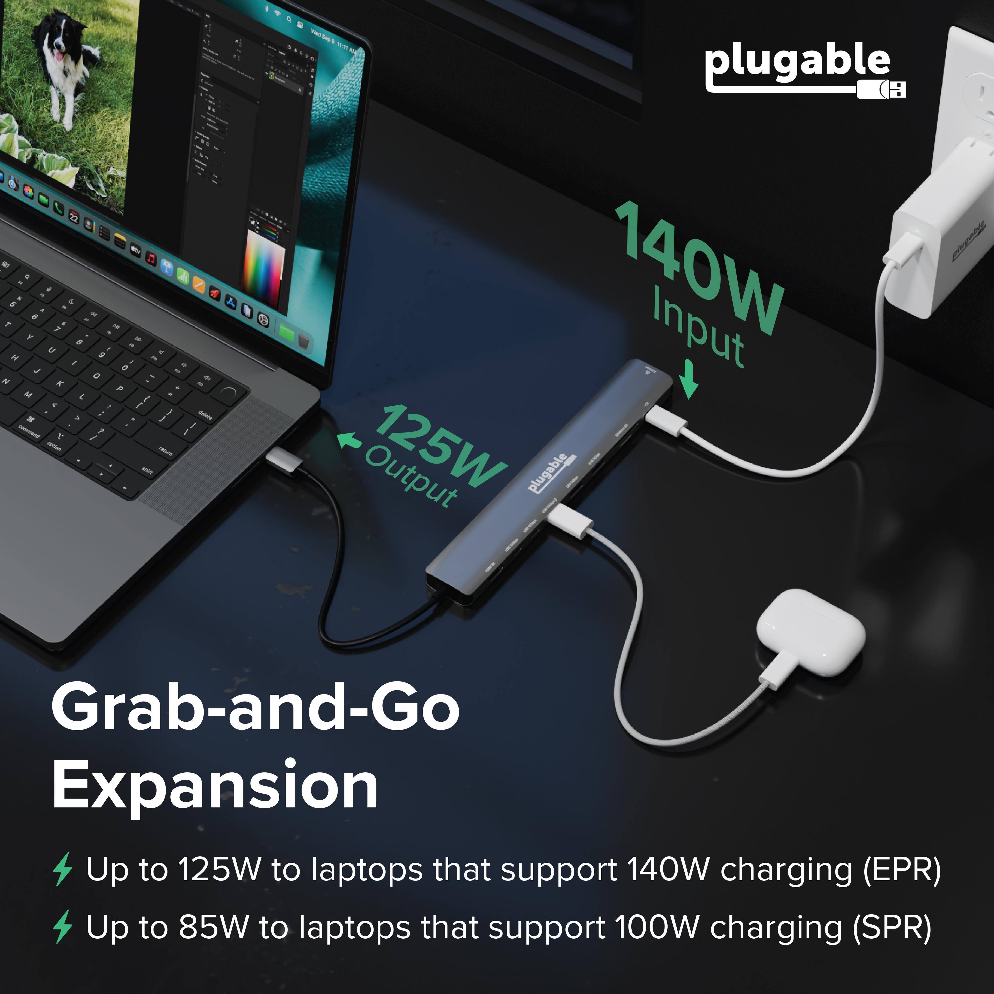 plugable : 1 bo 1 -  - a D & - a - .  . - , - F . -  a a a M 1 - 2 - J - a : N E F M 4 1  . J . P  d 7 - r J - - - - - A 140W Input Output 125W plugable Grab-and-Go Expansion Up to 125W to laptops that support 140W charging (EPR) Up to 85W to laptops that support 100W charging (SPR)