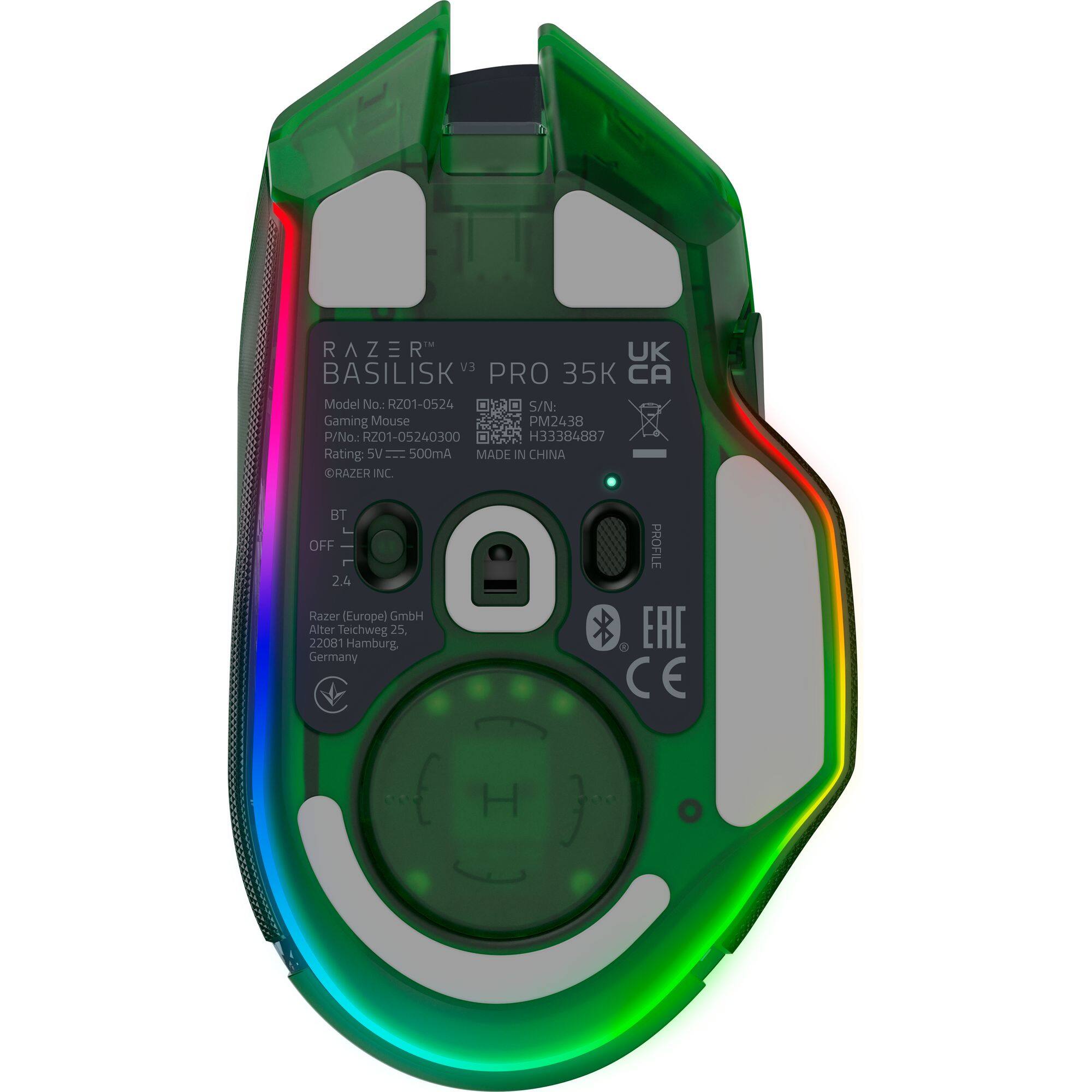 The text on the image reads:

"RAZER UK EV BASILISK PRO 35K CA Model No.: R201-0524 S/N: Gaming Mouse PM2438 P/No.: RZ01-05240300 H33384887 Rating: SV 500mA Made in China Drazer Inc BT Off 2.4 Razer (Europe) GmbH Alter Teichweg 25. 22081 Hamburg Germany PROFILE EAC CE E."