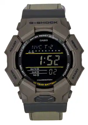 G-SHOCK RESIST WATER CASIO 20BAR
ADJUST SET NYE T.2 REVERSE RESET
1:52 MUTE MODE SELECT ALM SIG 02 FORWARD START
ILLUMINATOR 10 BATTERY YEAR