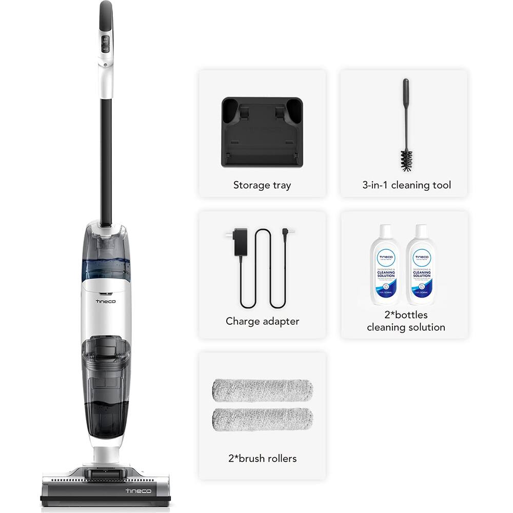 Storage tray  
3-in-1 cleaning tool  
Charge adapter  
2*bottles cleaning solution  
2*brush rollers  
Tineco
