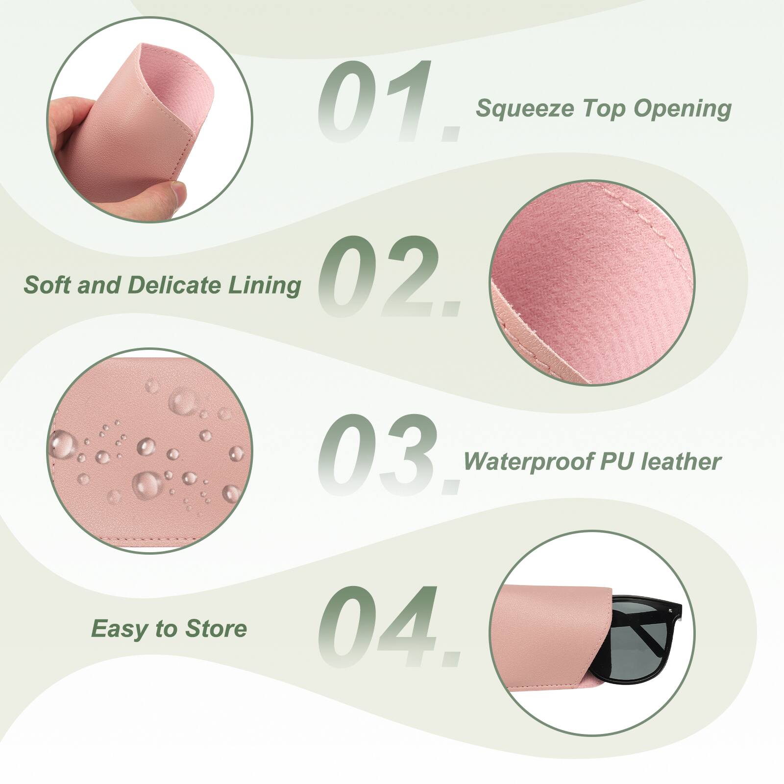 01. Squeeze Top Opening  
02. Soft and Delicate Lining  
03. Waterproof PU leather  
04. Easy to Store
