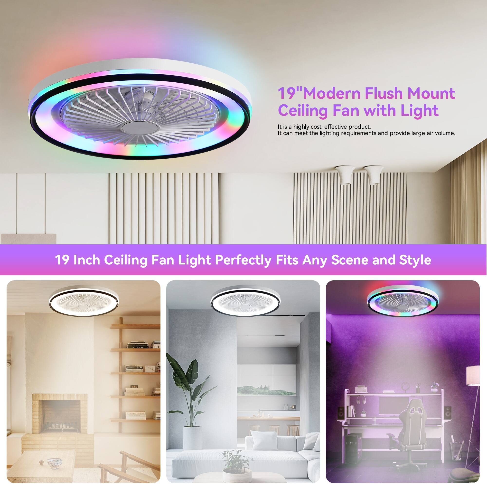 19"Modern Flush Mount Ceiling Fan with Light
It is a highly cost-effective product. It can meet the lighting requirements and provide large air volume.
19 Inch Ceiling Fan Light Perfectly Fits Any Scene and Style