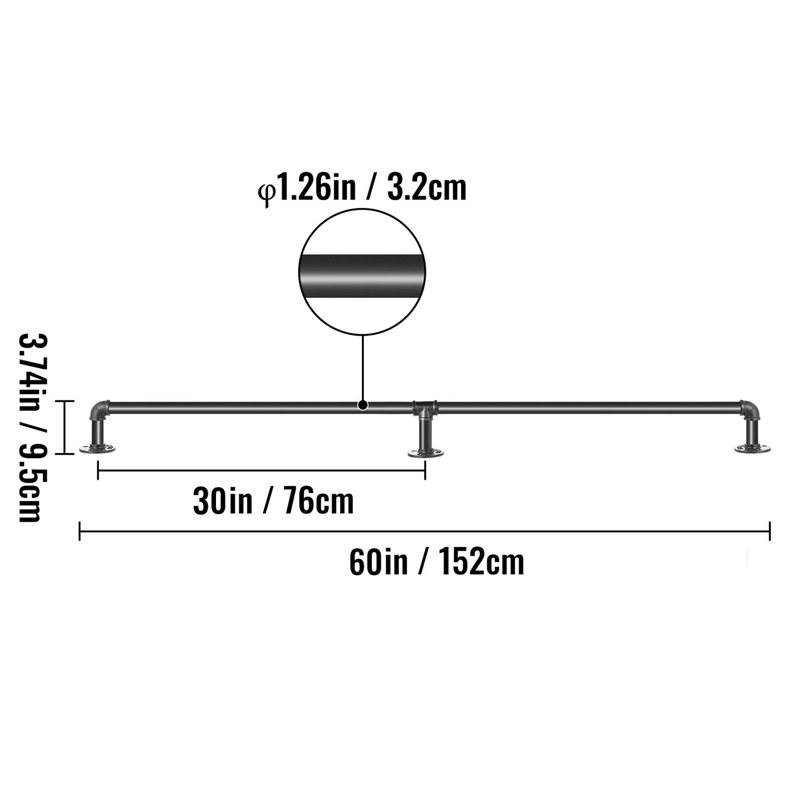 1.26in / 3.2cm, 3.74in / 9.5cm, 30in / 76cm, 60in / 152cm