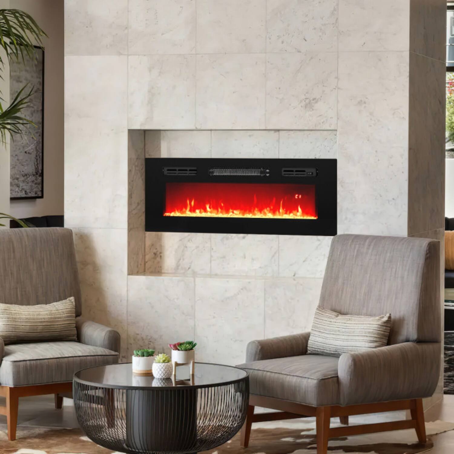 Angle. LUCKY ONE - 36 Inch Recessed Electric Fireplace with 12-Color LED Strip Lights - Black.