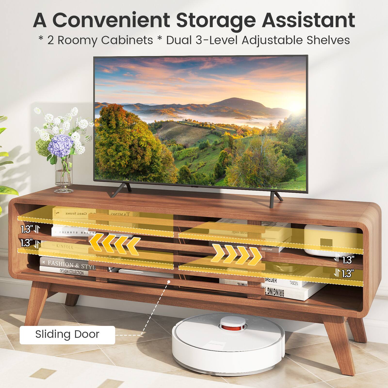 A Convenient Storage Assistant  
* 2 Roomy Cabinets * Dual 3-Level Adjustable Shelves  
1.3"  
FASHION & STYL DESIGN COLLECTION  
Sliding Door