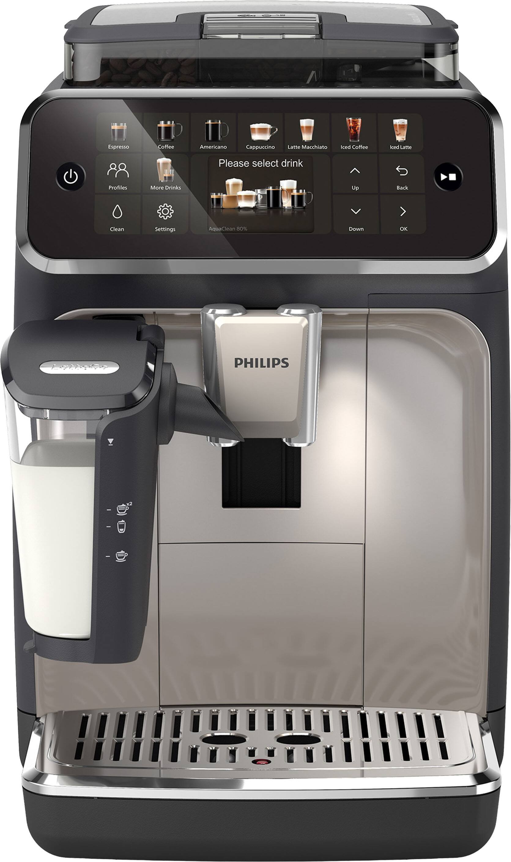 Espresso  
Coffee  
Americano  
Cappuccino  
Latte Macchiato  
Iced Coffee  
Iced Latte  

Please select drink  

Profiles  
More Drinks  
Clean  
Settings  
AquaClean 80%  

Up  
Back  
Down  
OK  

PHILIPS