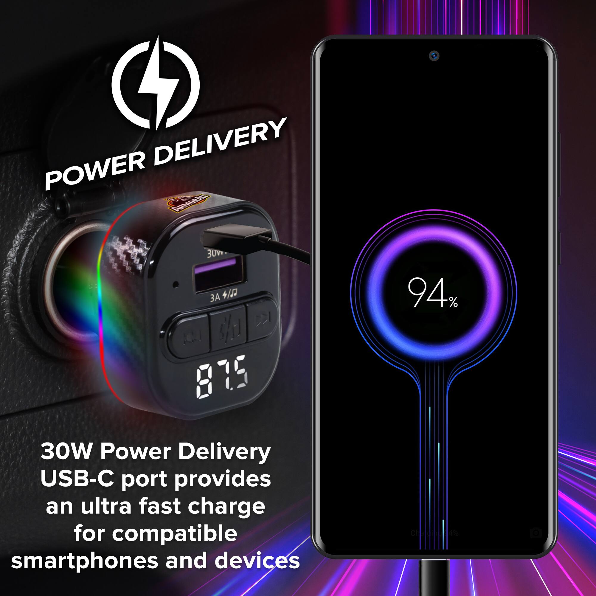 2 DELIVERY POWER Aasesade 30W  
4/22 C %/ 875 94%  
30W Power Delivery USB-C port provides an ultra fast charge for compatible smartphones and devices
