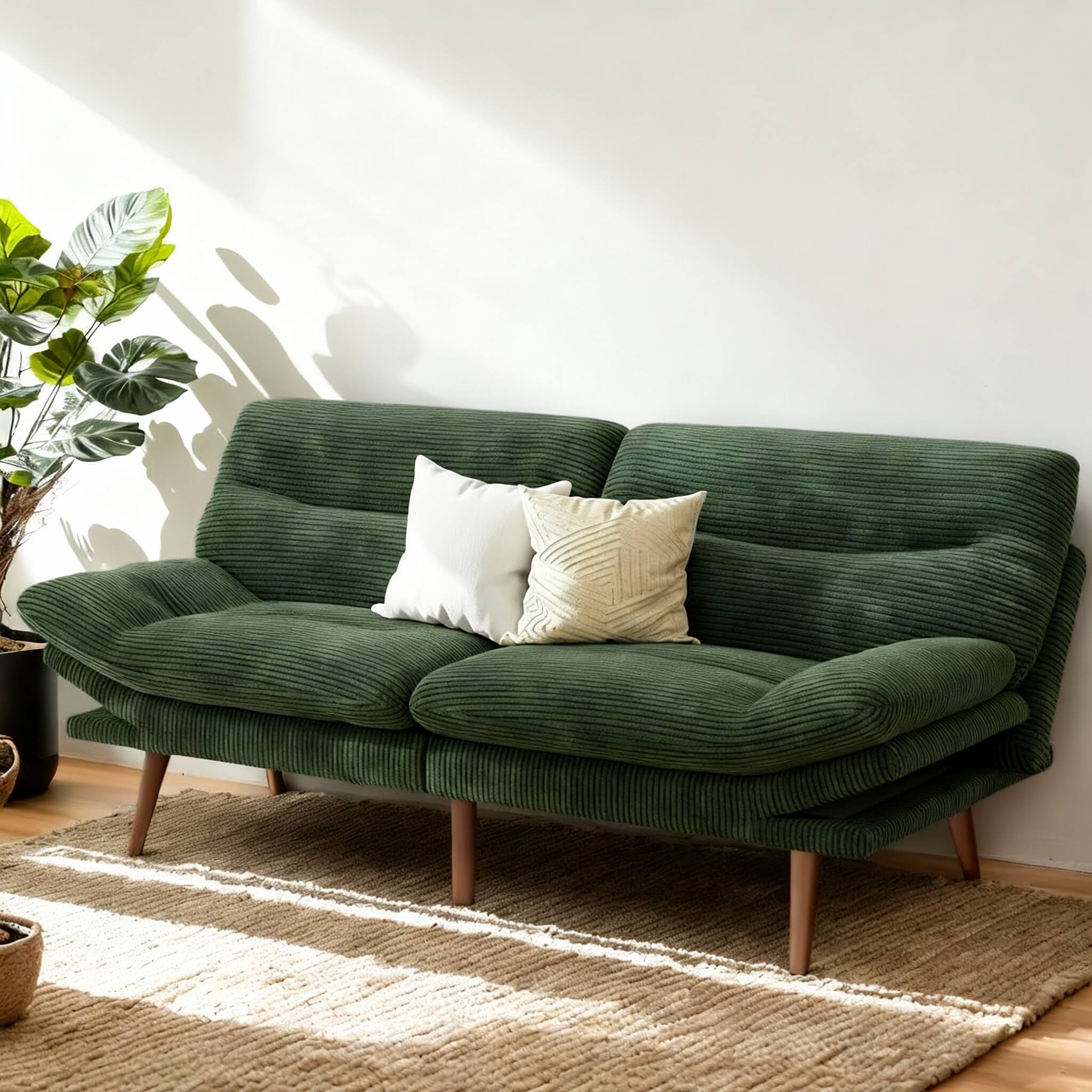Front. OMOMMD - Convertible Futon Sofa Bed, 3-in-1 Adjustable Backrest & Armrests, Corduroy - Green 73 Inch.