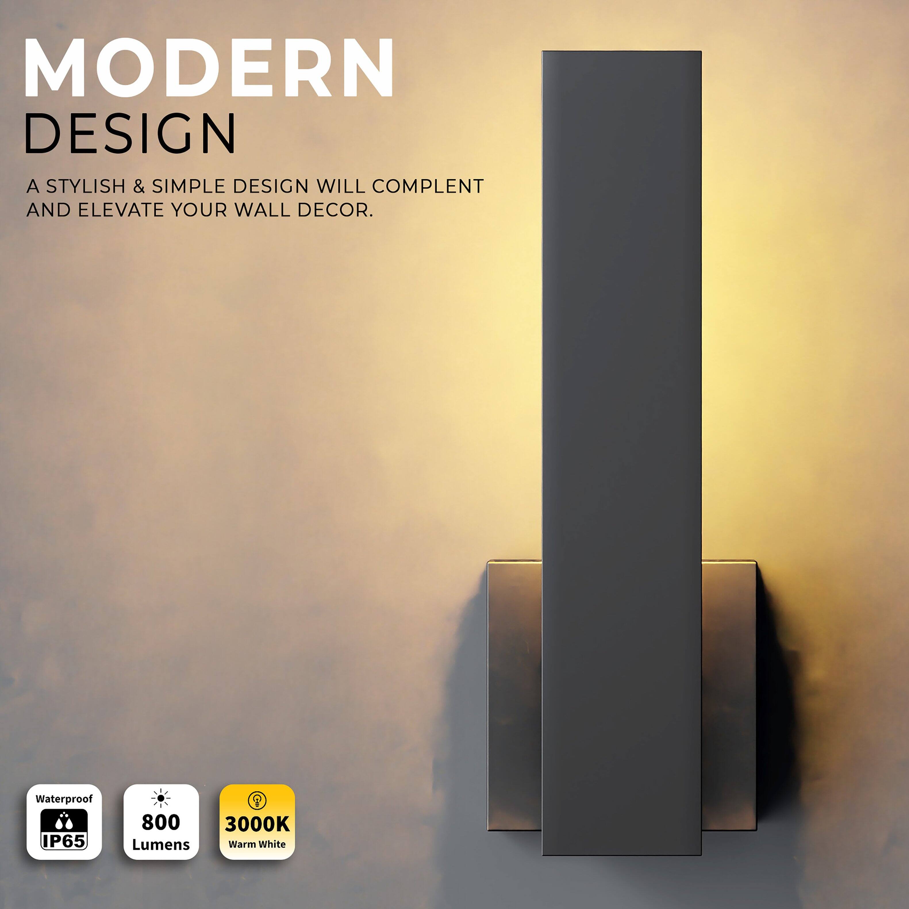 MODERN DESIGN  
A STYLISH & SIMPLE DESIGN WILL COMPLEMENT AND ELEVATE YOUR WALL DECOR.  

Waterproof IP65  
800 Lumens  
3000K Warm White