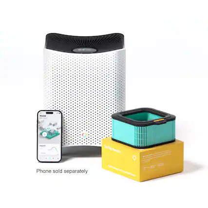 The image features a white device, possibly an air purifier or a speaker, sitting next to a box. The box is blue and has a heart on it. The text on the image reads: "Phone sold separately." This suggests that the white device and the blue box are separate products, and the phone is not included in the package. The heart on the box might indicate that it is a charitable or environmentally friendly product.