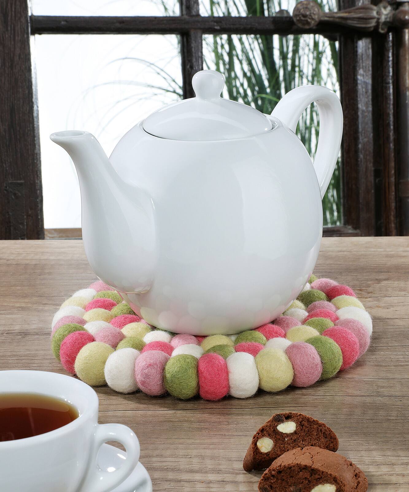 Alt View 2. Cilio - Fair Trade Virgin Sheep Wool Trivet, Handcrafted in Nepal, 8.5-Inch Round, Pink/Green - Pink.