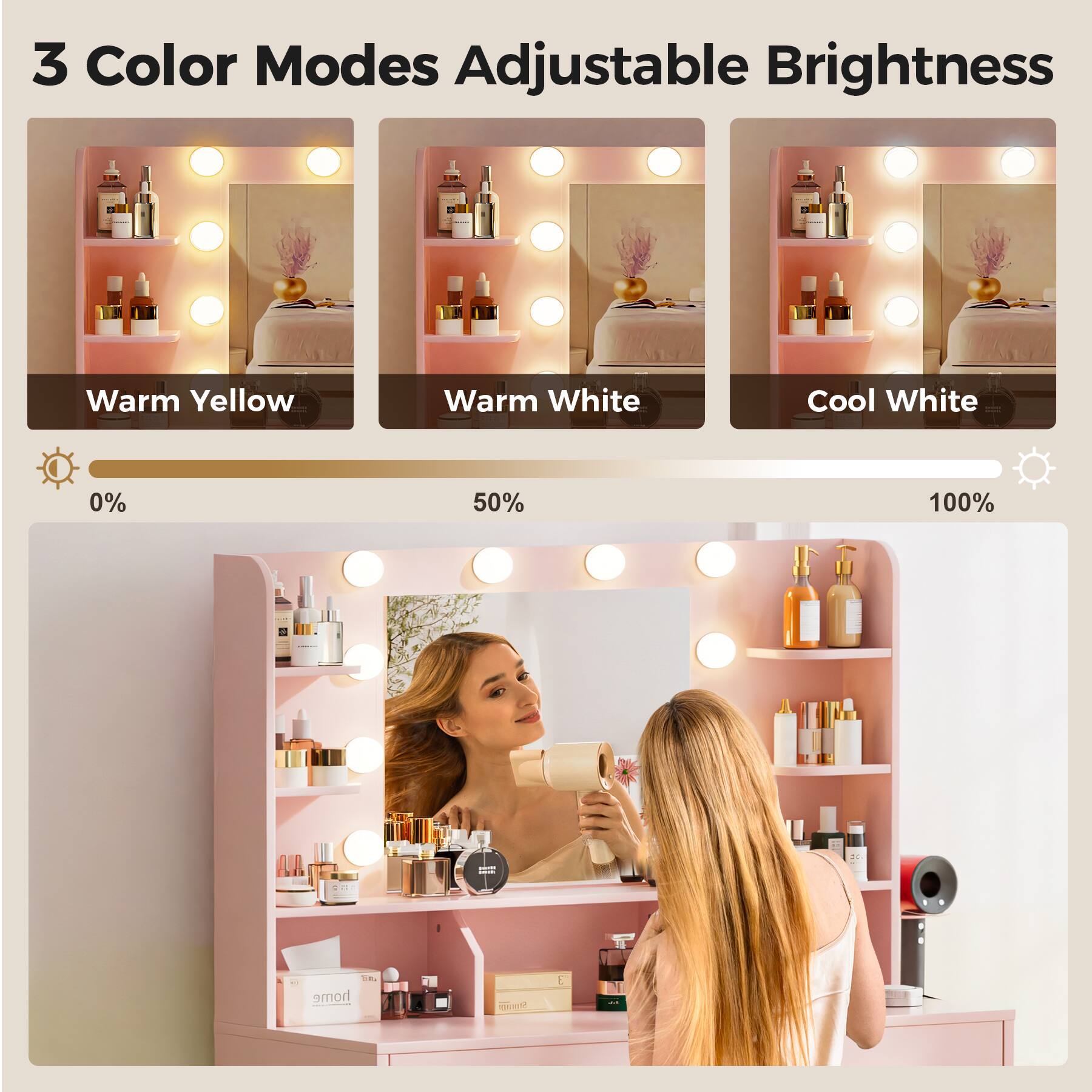 3 Color Modes Adjustable Brightness

Warm Yellow 0%
Warm White 50%
Cool White 100%