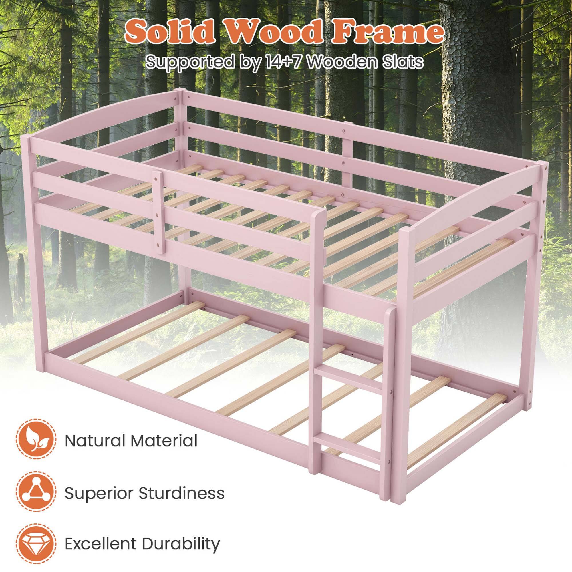 The text on the image reads: "Solid Wood Frame Supported by 14+7 Wooden Slats Natural Material Superior Sturdiness Excellent Durability."