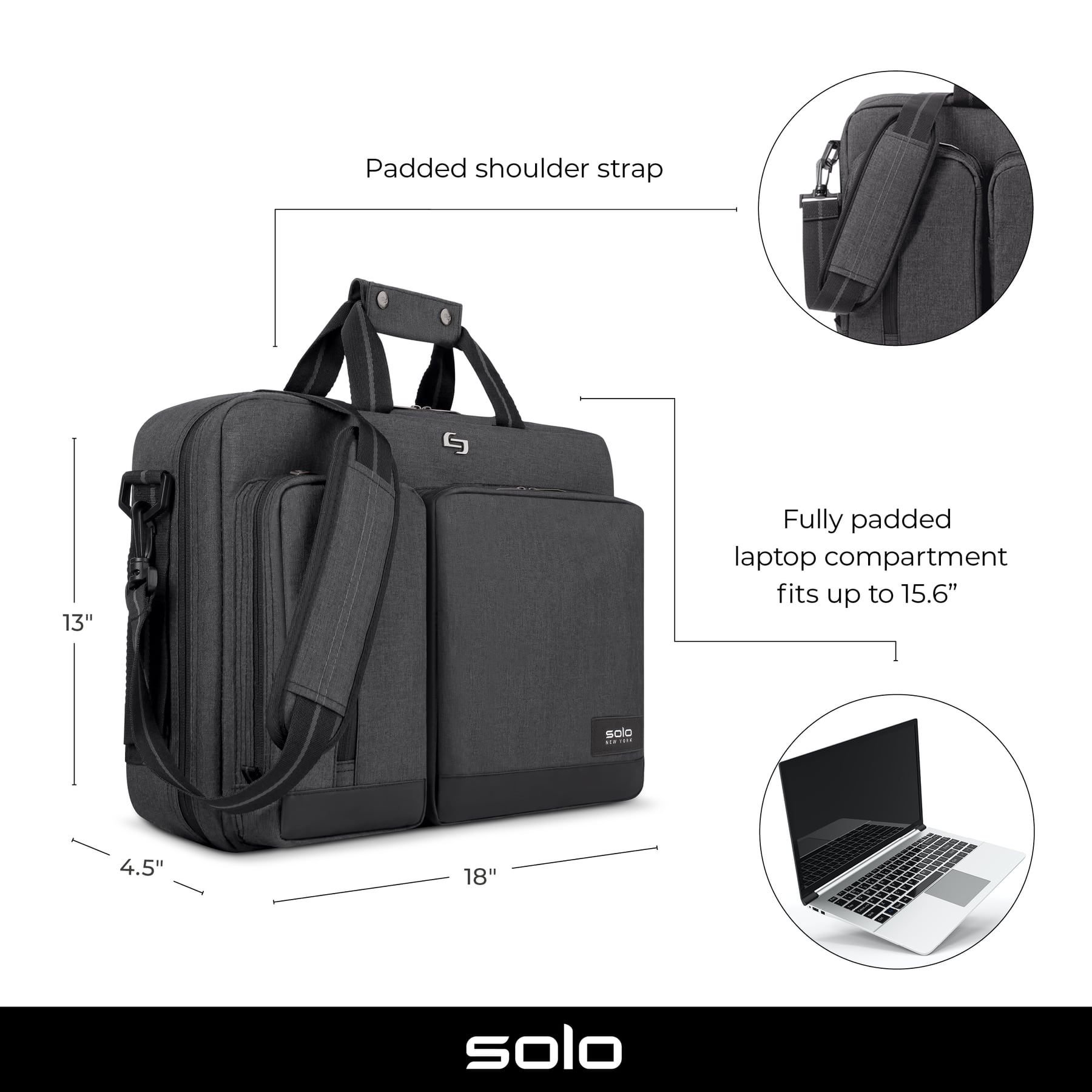 Padded shoulder strap G 13" Fully padded laptop compartment fits up to 15.6" solo . adidas 4.5" 18" solo