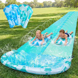 Joyfy - 22.5ft Double Lawn Water Slides, Summer Water Slide with 2 Inflatable Boards & Sprinkler, Outdoor Toy Light Blue