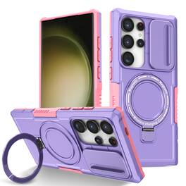 Dteck - Rugged Case for Samsung Galaxy S24 Ultra with Slide Lens Cover,Shockproof Ring Kickstand Cover,Hybrid Hard Phone Shell - Purple