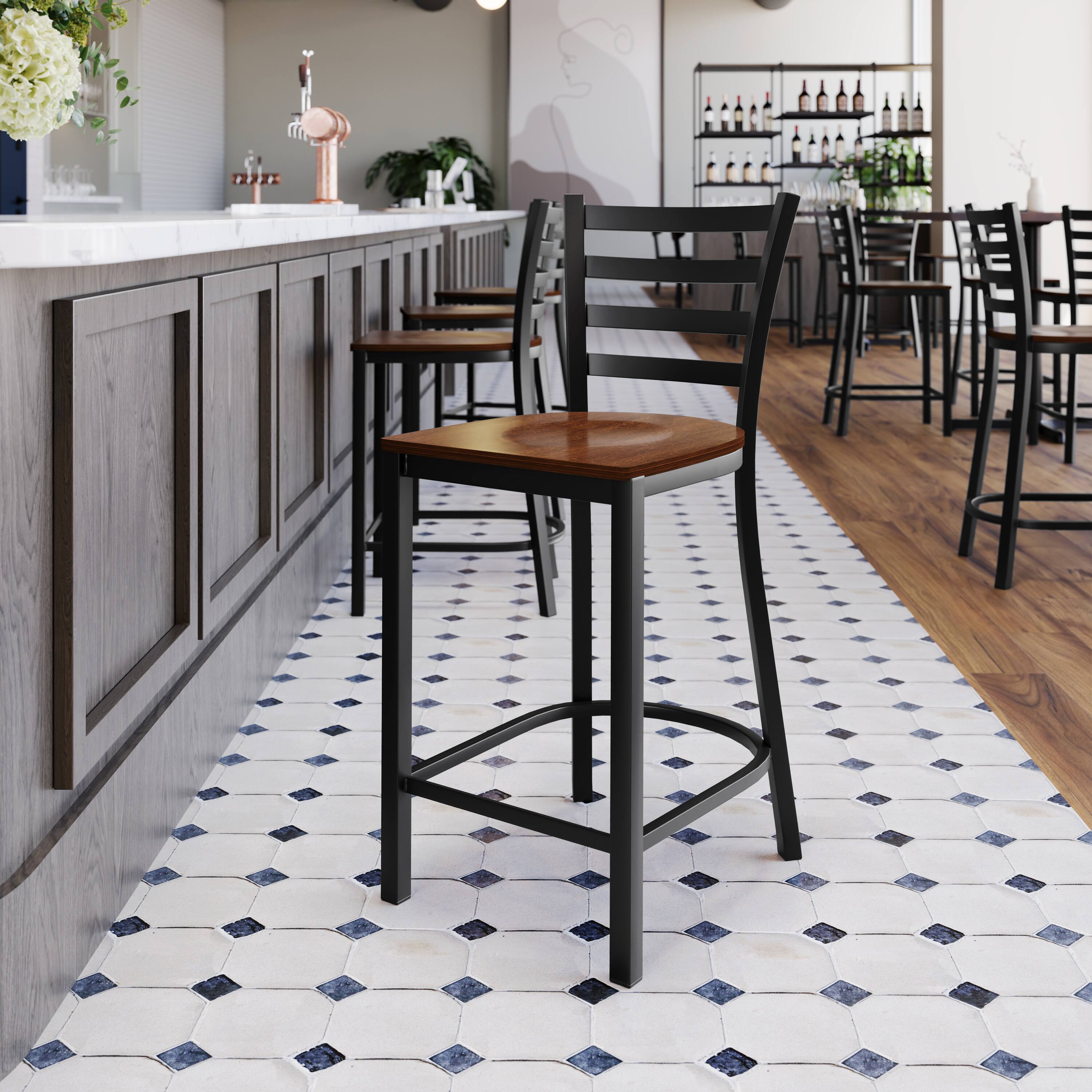 Alt View 5. Emma + Oliver - 2 Pack Ladder Back Metal Restaurant Counter Stool - Upholstered Seat - Cherry Wood Seat/Black Metal Frame.