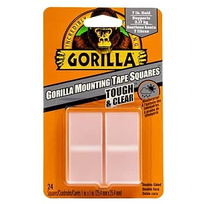 Sure, here is the corrected and grouped text from the image:

---

**INREDIBLY GORILLA**

**GORILLA MOUNTING TAPE SQUARES**

**TOUGH & CLEAR**

**7 lb. Hold**  
**Supporta hasta 3.17 kg**  
**Sostiene hasta 7 libras**

**24 Squares/Cuadrados**  
**Double-Sided**  
**Double cara**

**2 in x 2 in (50.8 mm x 50.8 mm)**

**Double-Sided**  
**Double cara**

**24 Squares/Cuadrados**

---