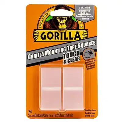 Sure, here is the corrected and grouped text from the image:
---
**INREDIBLY GORILLA**
**GORILLA MOUNTING TAPE SQUARES**
**TOUGH & CLEAR**
**7 lb. Hold**
**Supporta hasta 3.17 kg**
**Sostiene hasta 7 libras**
**24 Squares/Cuadrados**
**Double-Sided**
**Double cara**
**2 in x 2 in (50.8 mm x 50.8 mm)**
**Double-Sided**
**Double cara**
**24 Squares/Cuadrados**
---