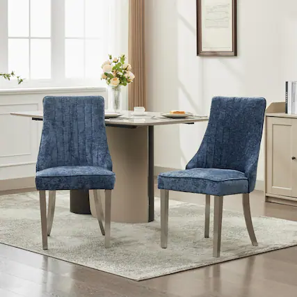 Front. HTUTWOO - Chenille Dining Chairs with Back & Curved Solid Wood Legs, Set of 2 for Dining Room, Kitchen, Home Use for Families - Blue.
