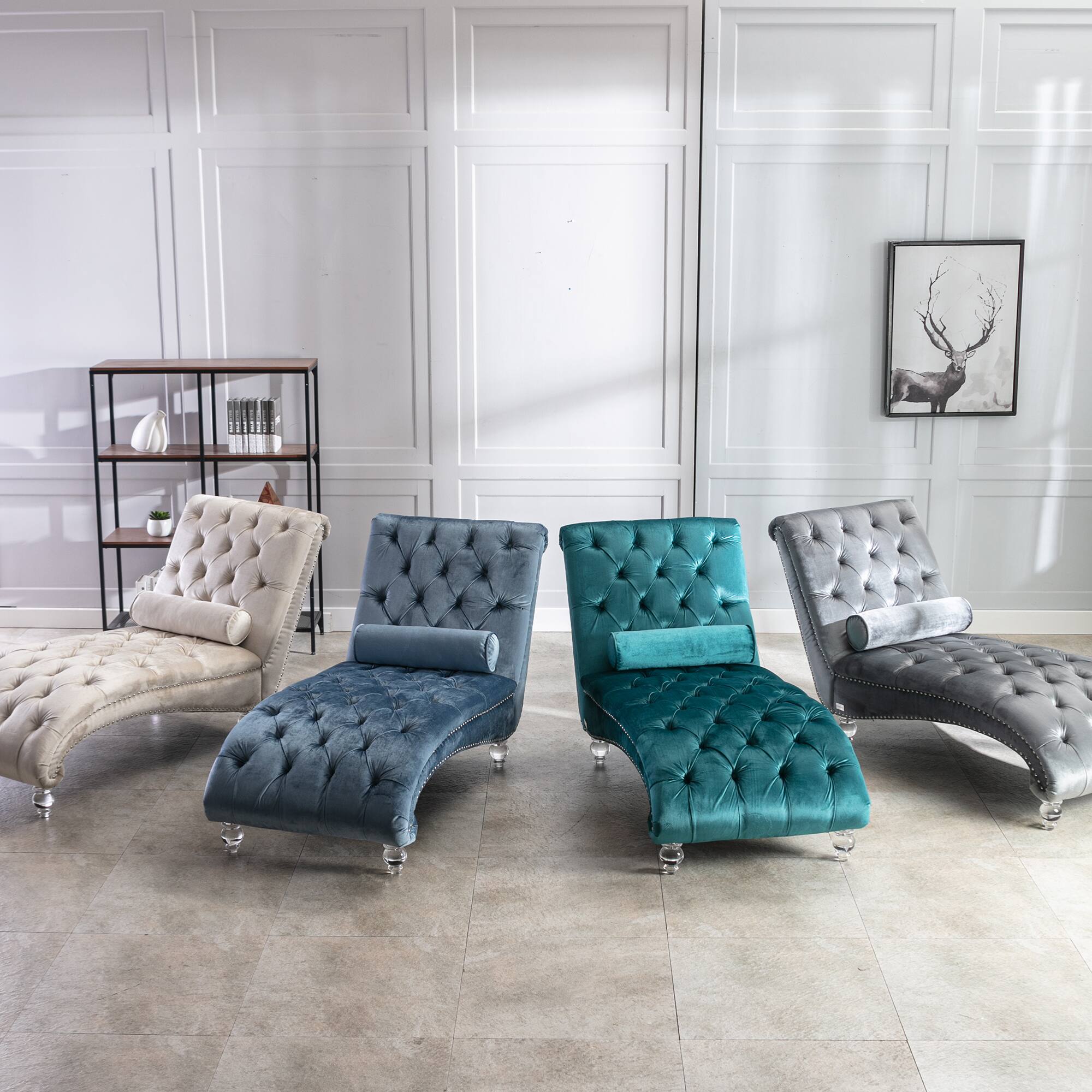 Alt View 4. Trinkets Crazed - Velvet Indoor Chaise Lounge Chair with Toss Pillow, Upholstered Modern Tufted Button Lounge Chair with Acrylic Legs - Silver.