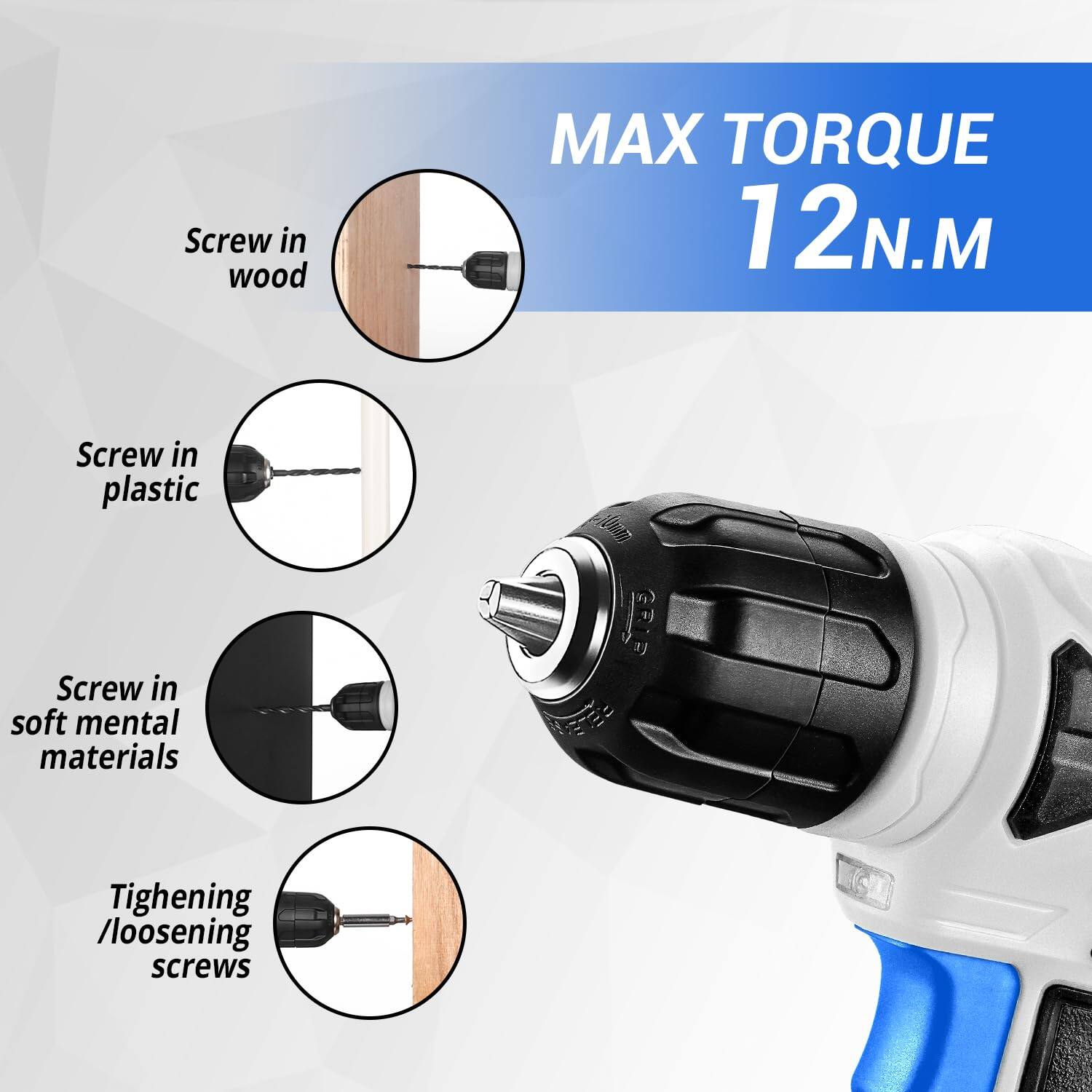 Sure, here is the corrected and grouped text from the image:

---

**MAX TORQUE 12 N.M**

- Screw in wood
- Screw in plastic
- Screw in soft mental materials
- Tightening / loosening screws

---