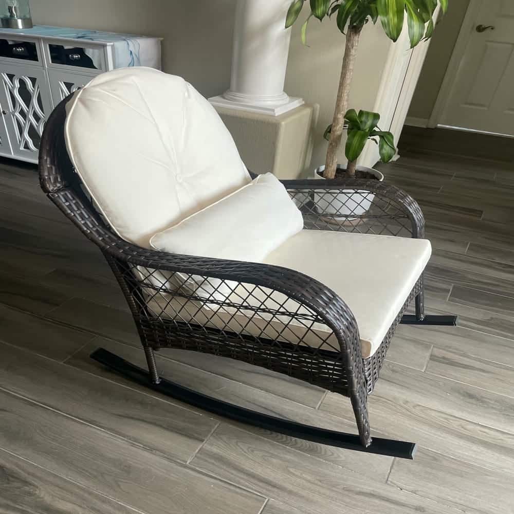 Kadyn - Rocking Patio Bistro Outdoor ChairsPatio Rattan Rocking Chair with Seat Back Cushions and Waist PillowBlack - Black
