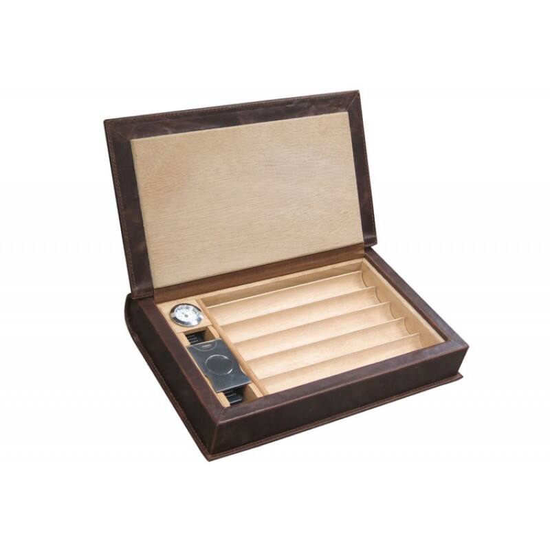 Left. Prestige - Novelist Book Style Cigar Humidor - Brown Leather.