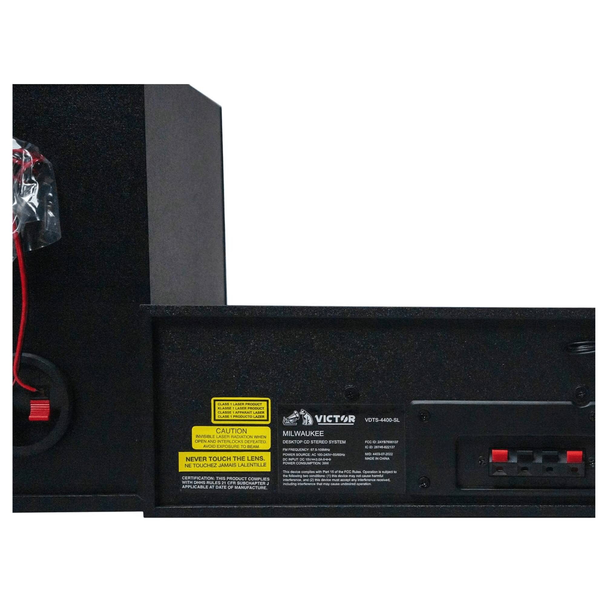 Sure, here is the corrected and grouped text from the image:

---

**VICTOR**  
VDT5-4400-SL  
ACO STEREO SYSTEM  

**CAUTION**  
NEVER TOUCH THE LENS  
NEVER TOUCH THE LENS  
NEVER TOUCH THE LENS  

**MILWAUKEE**  
DESKTOP LASER  
NEVER TOUCH THE LENS  
NEVER TOUCH THE LENS  
NEVER TOUCH THE LENS  

**CERTIFICATION**  
THIS PRODUCT COMPLIES  
WITH THE REQUIREMENTS  
OF THE FCC RULES  
APPLICABLE DATE OF MANUFACTURE  

**FCC ID**  
VDT5-4400-SL  
IC: 29946317  
MADE IN CHINA  

**CAUTION**  
LASER PRODUCT  
CLASS 1 APPARATUS LASER  
CLASS 1 APPARATUS LASER  
OPEN AND INTERLOCK WHEN  
OPEN AND INTERLOCK WHEN  
AVOID EXPOSURE TO BEAM  
AVOID EXPOSURE TO BEAM  
NEVER TOUCH THE LENS  
NEVER TOUCH THE LENS  
NEVER TOUCH THE LENS  

**MILWAUKEE**  
DESKTOP LASER