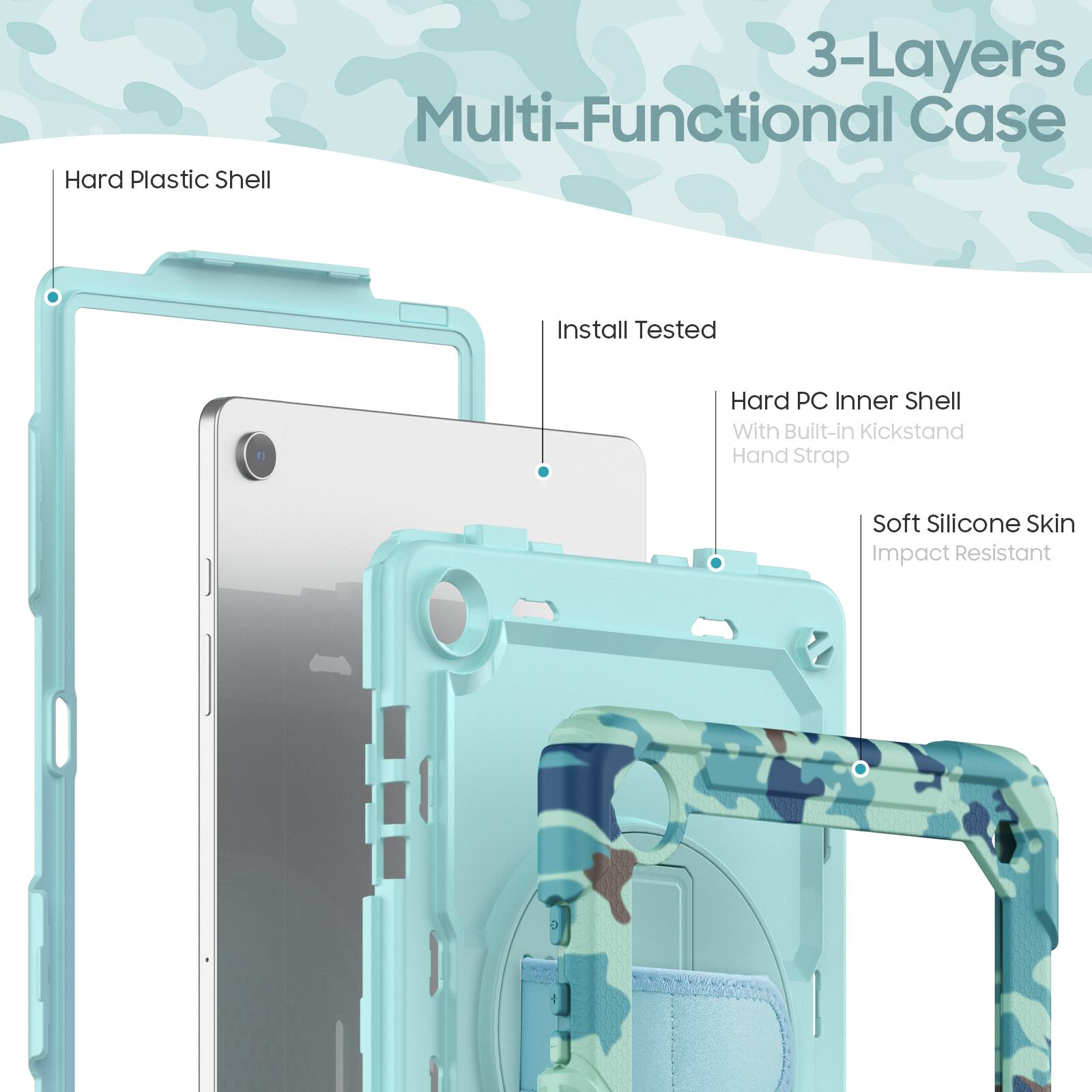 3-Layers Multi-Functional Case

- Hard Plastic Shell
- Install Tested
- Hard PC Inner Shell with Built-in Kickstand Hand Strap
- Soft Silicone Skin
- Impact Resistant