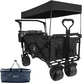 Loheer - Heavy Duty Collapsible Wagon Cart with Canopy Wide All Terrain Wheels Cooler Bag for Beach and Garden