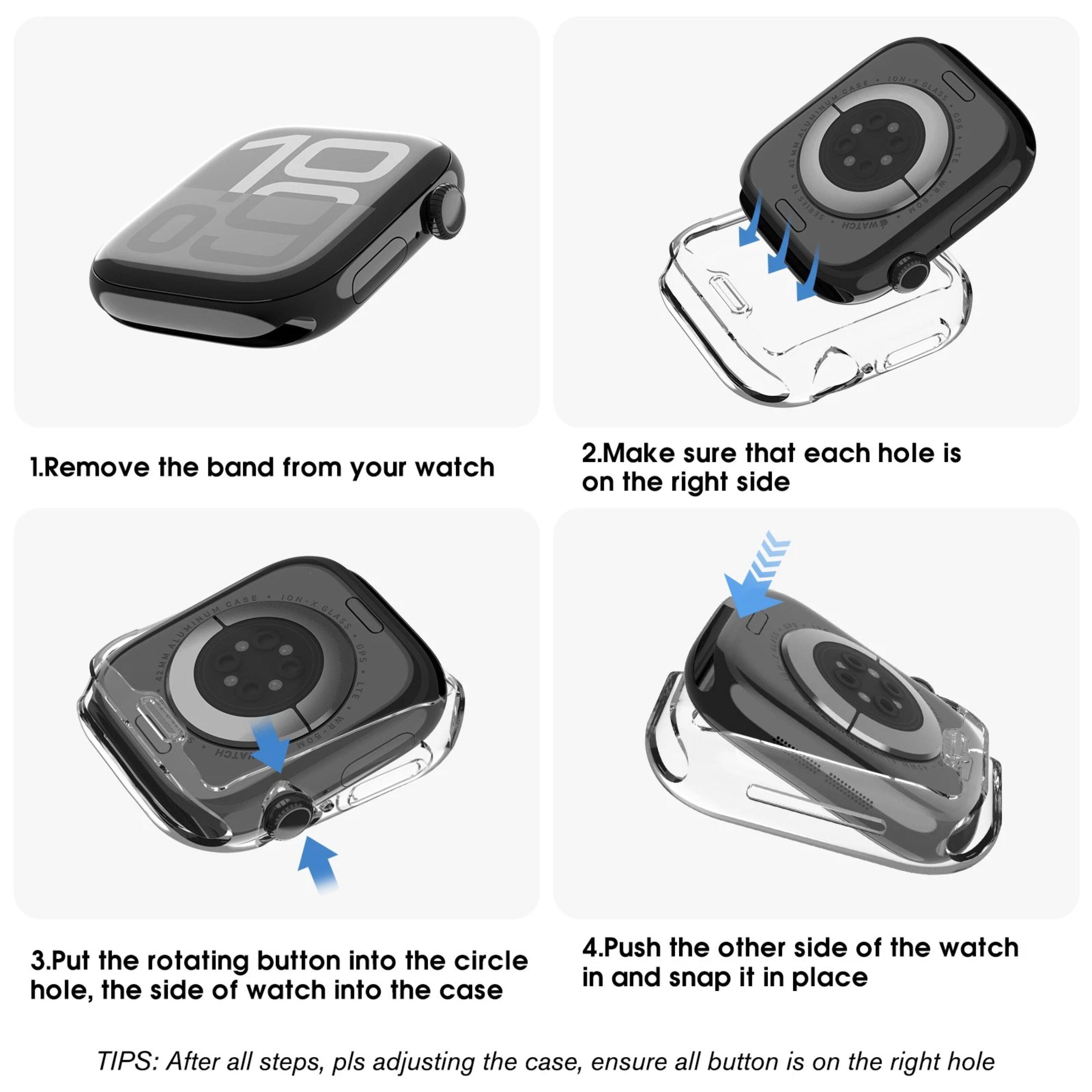 1. Remove the band from your watch

2. Make sure that each hole is on the right side

3. Put the rotating button into the circle hole, the side of watch into the case

4. Push the other side of the watch in and snap it in place

TIPS: After all steps, pls adjusting the case, ensure all button is on the right hole