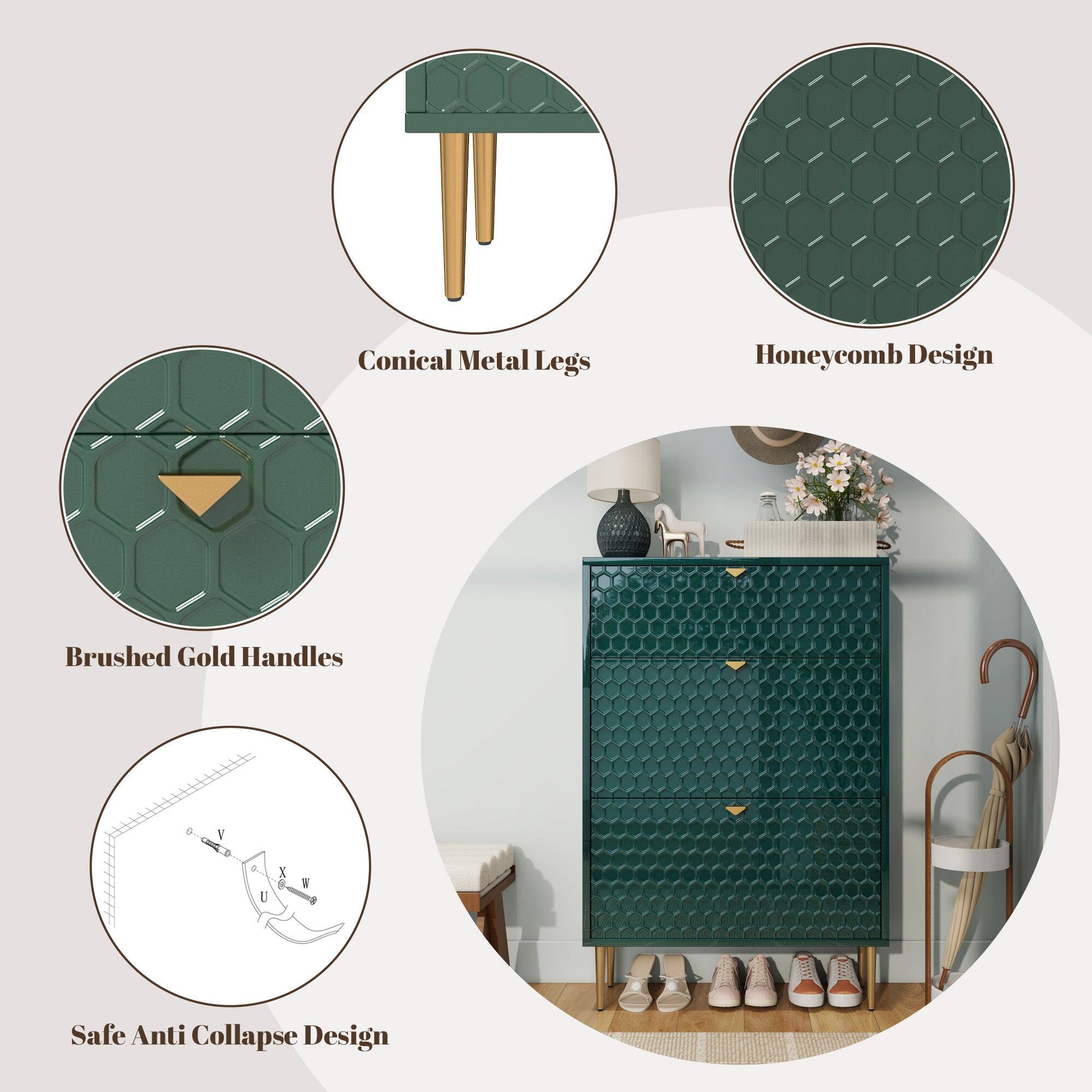 - Conical Metal Legs
- Honeycomb Design
- Brushed Gold Handles
- Safe Anti Collapse Design