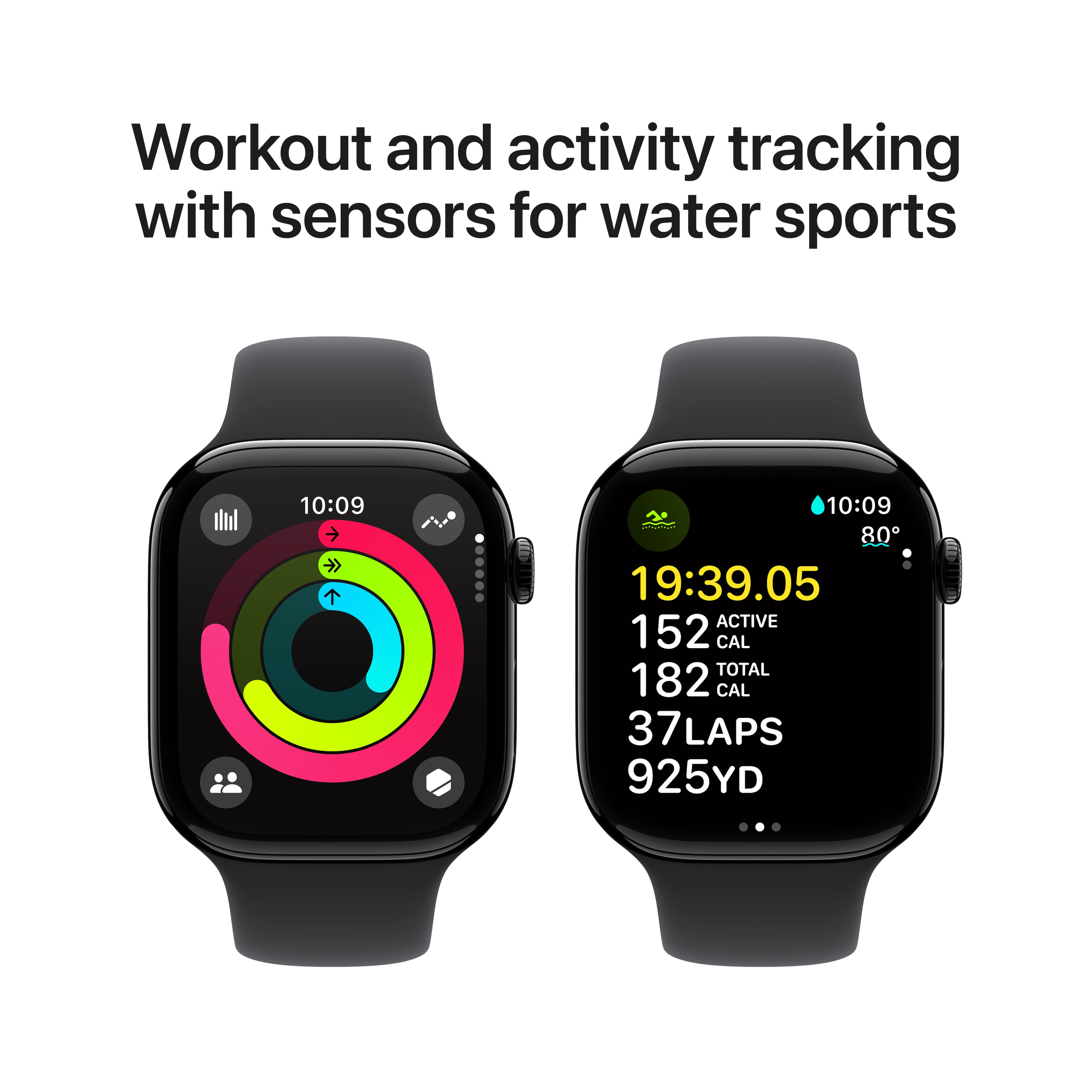 Workout and activity tracking with sensors for water sports: 10:09, 10:09, 80, 19:39.05, ACTIVE, 152 CAL TOTAL, 182 CAL, 37 LAPS, 925YD.