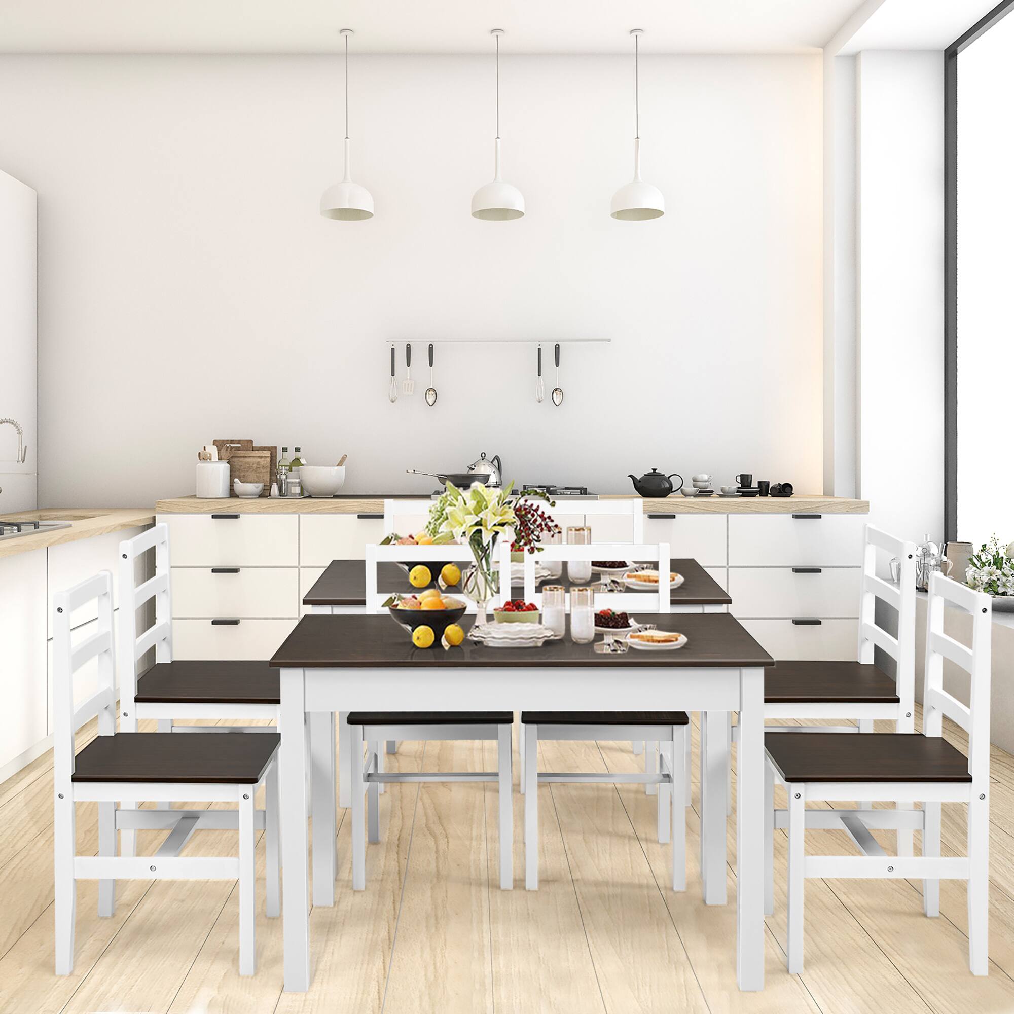 Left. Costway - 5pcs Dining Set Solid Wood Compact Kitchen Table & 4 Chairs Modern - Walnut, White.