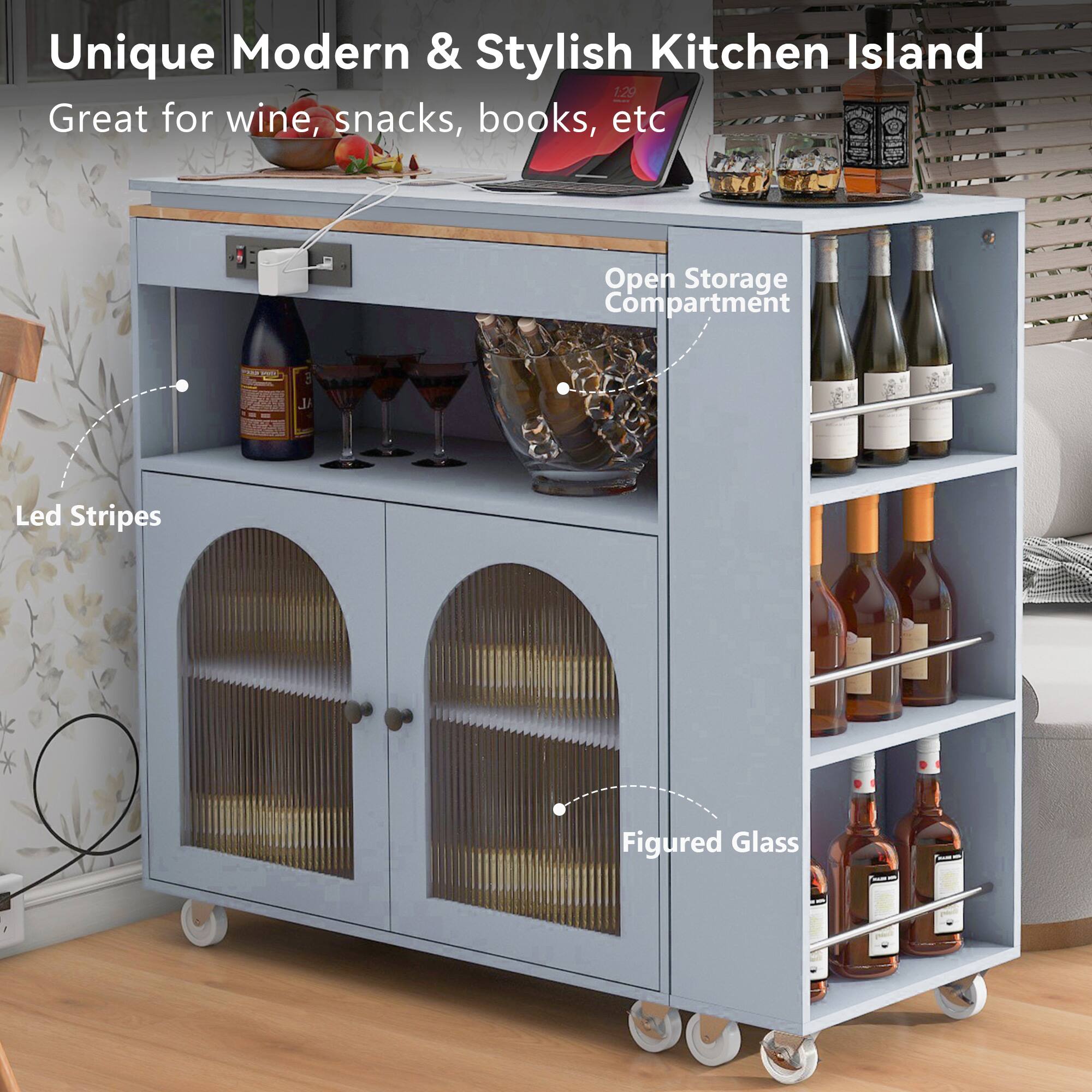 Unique Modern & Stylish Kitchen Island  
Great for wine, snacks, books, etc  

- Open Storage Compartment  
- Led Stripes  
- Figured Glass