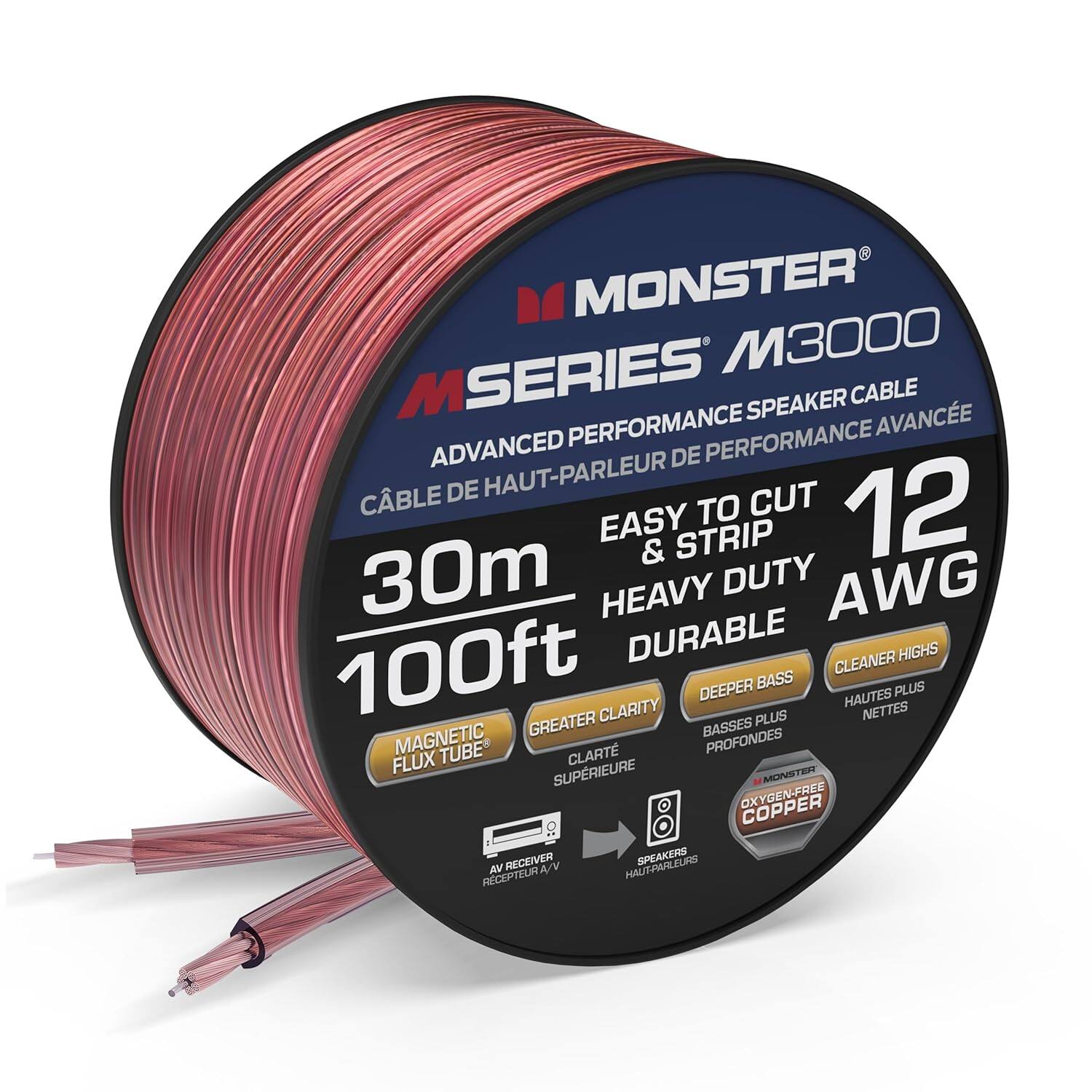 Monster - M-Series 12 AWG Speaker Wire 100FT – Oxygen-Free Copper Cable for Superior Audio, Easy to Strip & Install - Red