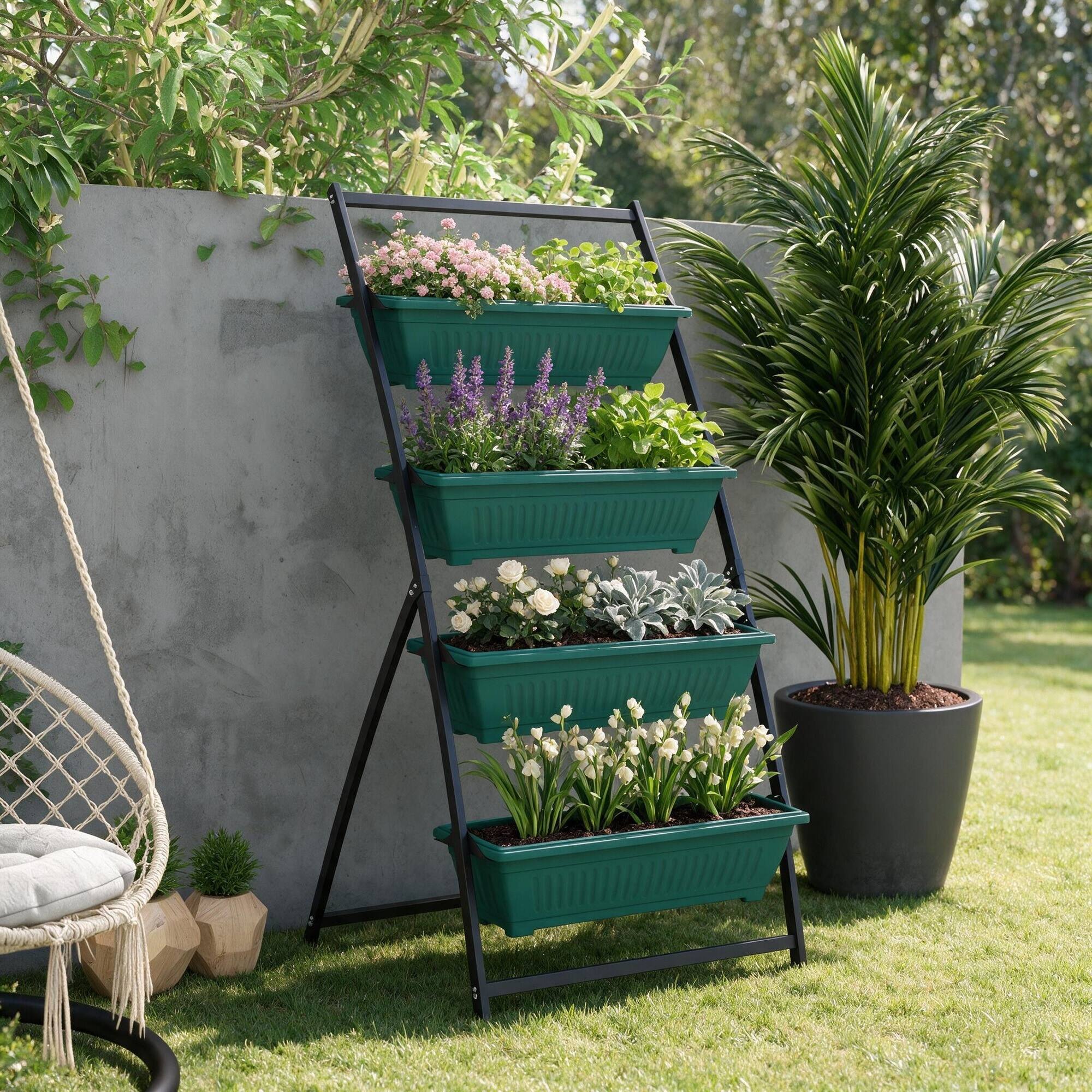 Angle. RYHNUYNE - 4 Tier Raised Garden Bed with Stand, 63.75 Inch Tall Vertical Planter Boxes for Vegetables, Flowers and Herbs - Green.