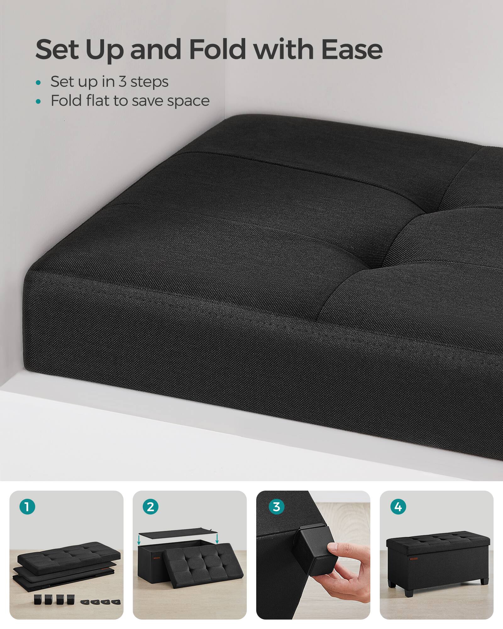 Set Up and Fold with Ease

- Set up in 3 steps
- Fold flat to save space

1. Fold flat to save space
2. 
3. 
4.