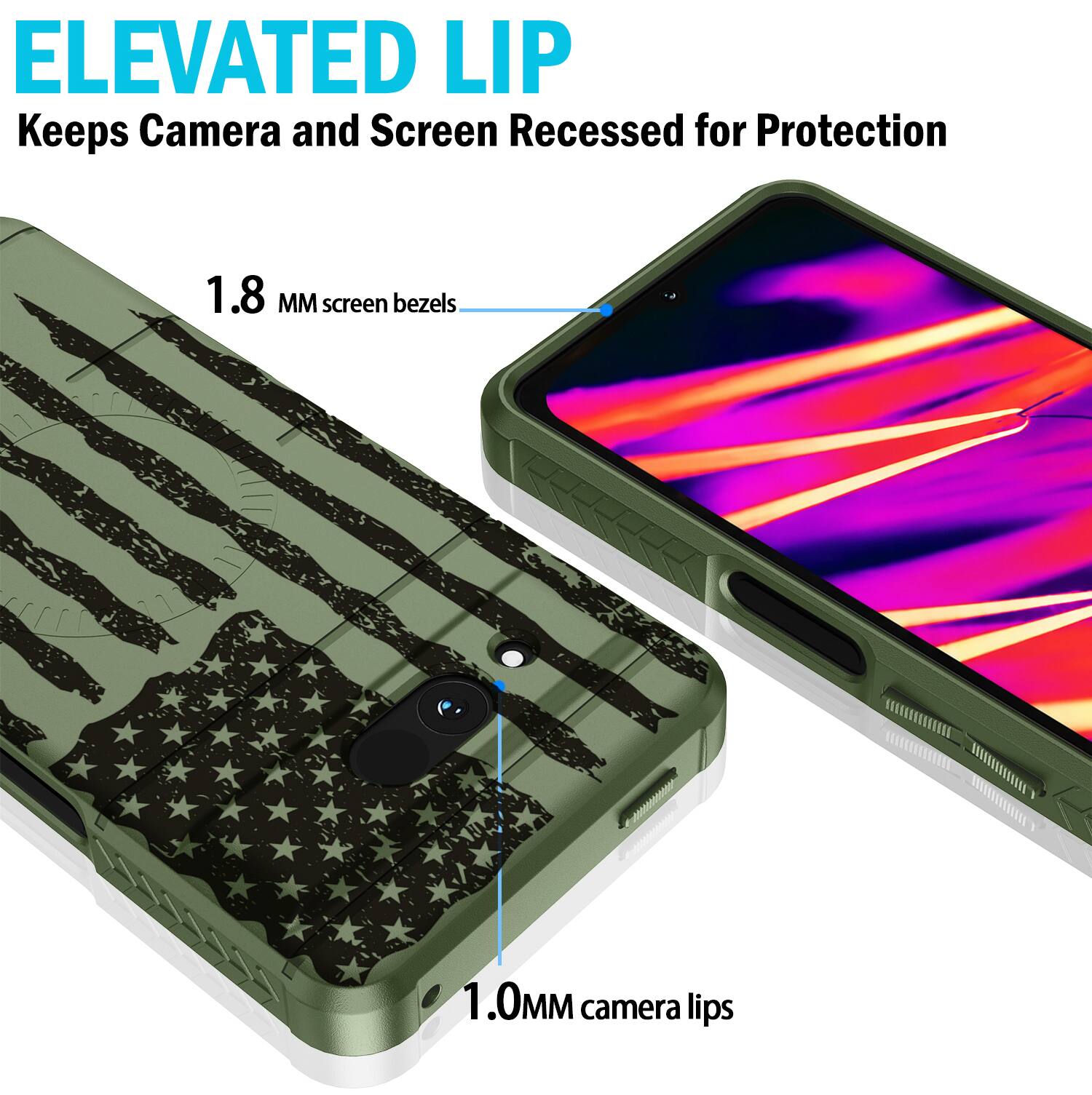 ELEVATED LIP  
Keeps Camera and Screen Recessed for Protection

1.8 MM screen bezels  
1.0MM camera lips