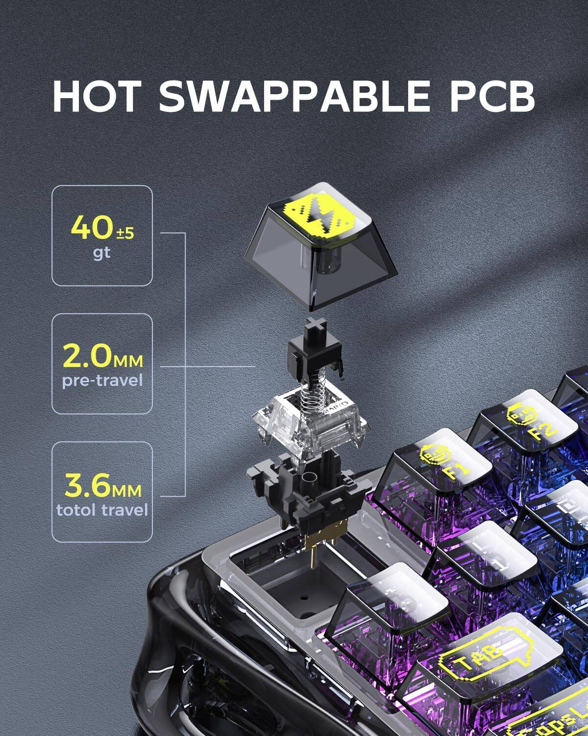 HOT SWAPPABLE PCB

40±5 gt

2.0MM pre-travel

3.6MM total travel

F2 F1

TAB

apsL