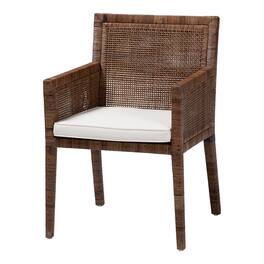 bali & pari - Karis Rattan Dining Chair with Cushion - Handwoven Wicker Armchair with Mahogany Wood Frame, Coastal Indoor Seating - Antique Coffee