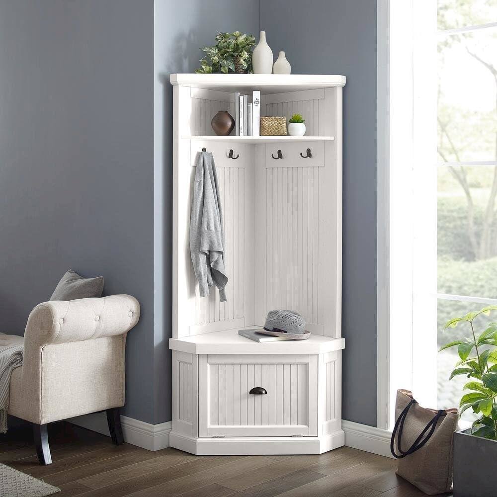 Alt View 5. FurniFact - Distressed White Hall Tree with Anti-Tip Hardware and Storage Space - White.