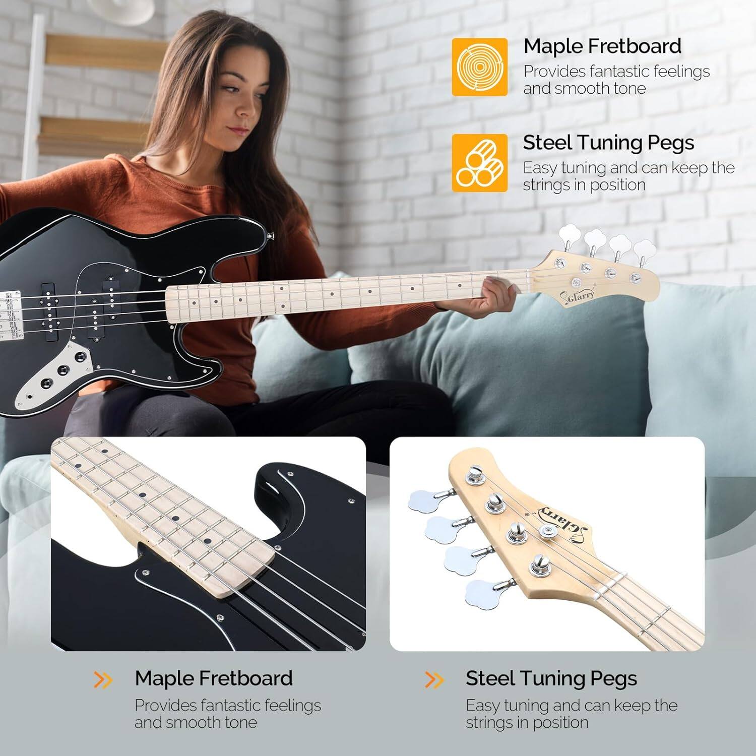 Maple Fretboard  
Provides fantastic feelings and smooth tone  

Steel Tuning Pegs  
Easy tuning and can keep the strings in position