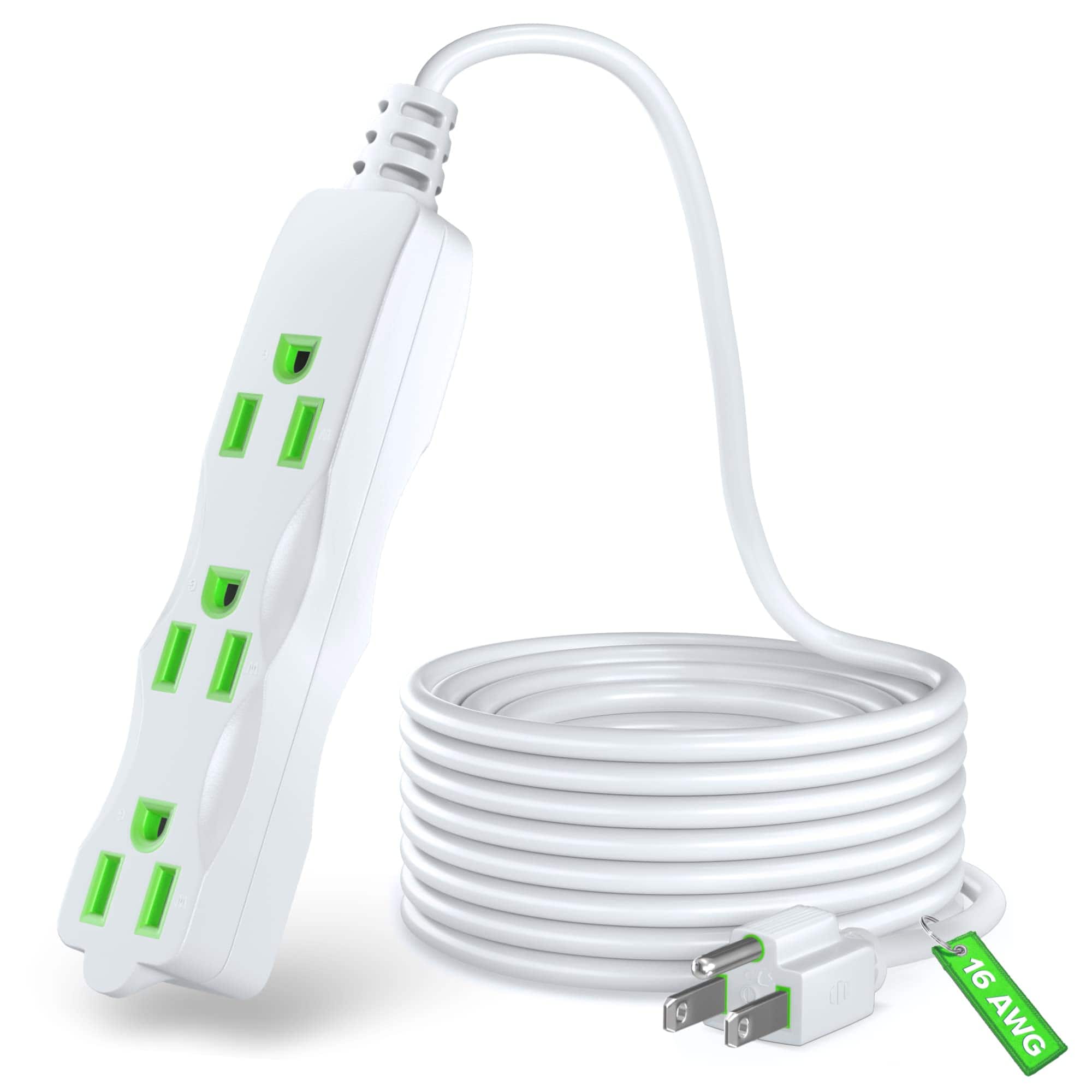 Maximm - Extension Cord with 3 Outlets, 125V, 3 Prong Extension Cord, ETL Listed, 30ft - WHITE green