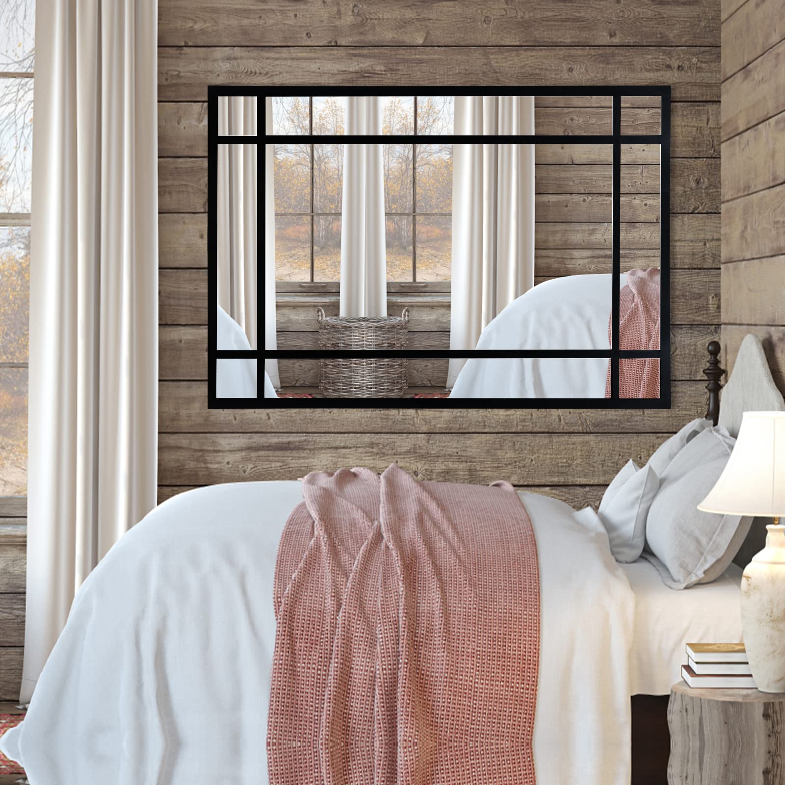 Back. TECH SAFARI - Rectangle Mirror Farmhouse Decorative Wall For Entryway Living Room Bedroom Hallway Fireplace Accent Decor X - Black1 34"L x 24"W.