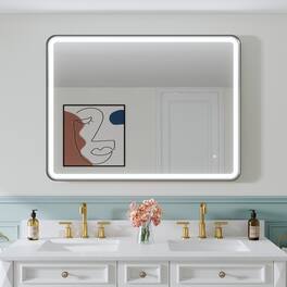 WELLFOR - 48" x 36"Anti-Fog LED Bathroom Mirror, Wall Bathroom Vanity Mirror with Framed Round Corner - Matte Black